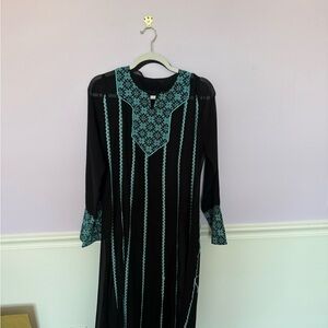 Black Simple Thobe with Teal Embroidered Accents - Women's Dress